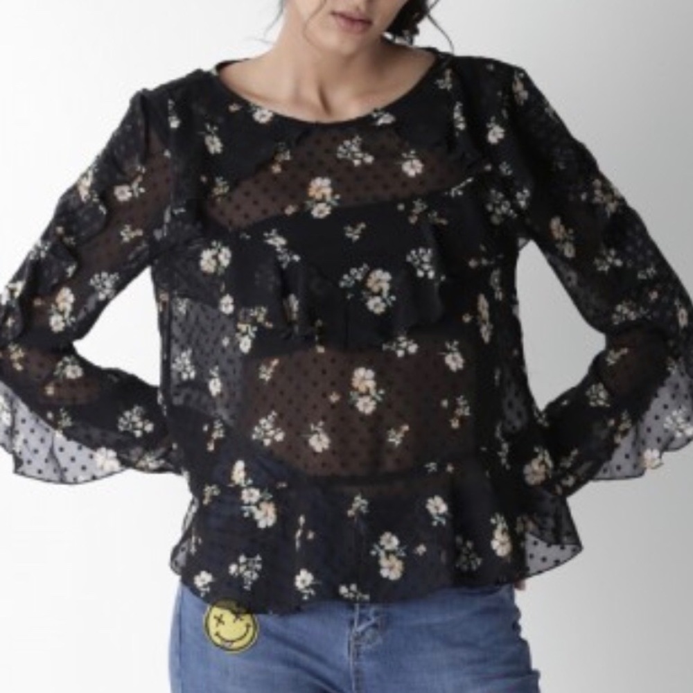 Forever 21 Black Cream Floral Sheer Ruffle Top S